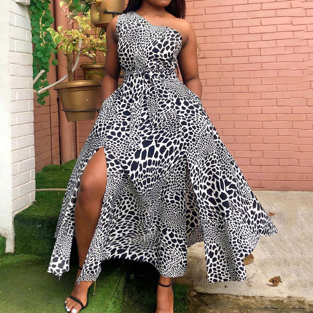 Printed Slanted Shoulder Solid Color Split Dress - Image 15