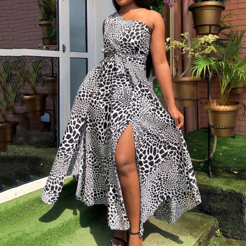 Printed Slanted Shoulder Solid Color Split Dress