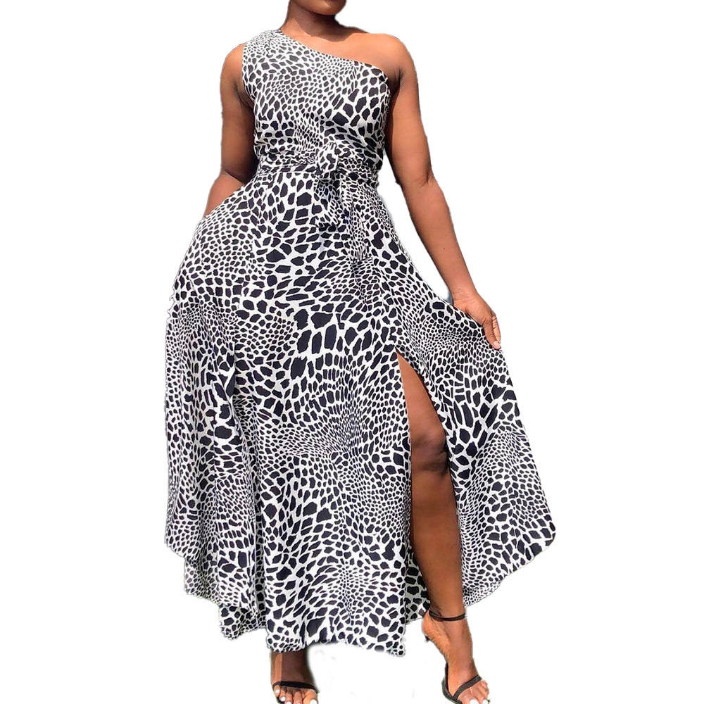 Printed Slanted Shoulder Solid Color Split Dress - Image 3