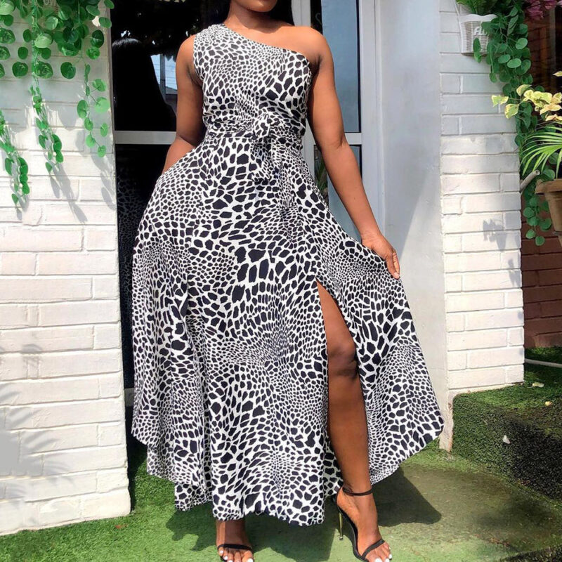 Printed Slanted Shoulder Solid Color Split Dress