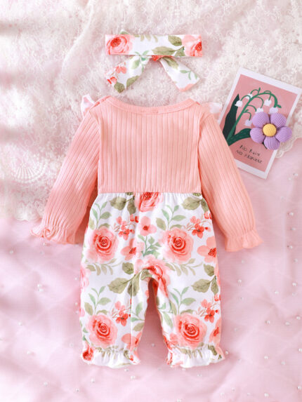 Solid-color Floral Print Long-leg Romper - Image 4
