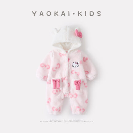 Printed Hooded Fleece Bodysuit for Baby Girls, Butterfly Print Warm Onesie - Image 2