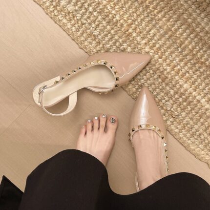 2026 Summer New Fashion Rivet Irregular Wedge Heel Sandals, Patent Leather Pointed Toe Women's High Heel Shoes - Image 7