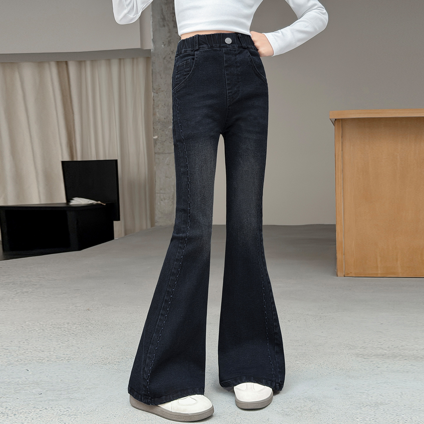 Girls' Black Denim Flare Pants Children's Pants - Image 2