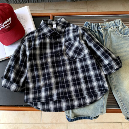 Checkered shirt for boys spring and autumn long sleeved shirt top - Image 6