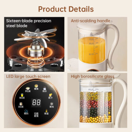 1.4L Nuts Milk Maker, Juicer and Soy Milk Machine with 16 Blades for Plant-Based Drinks, Oatmeal, Almond, Grains, and Beverages - Image 4
