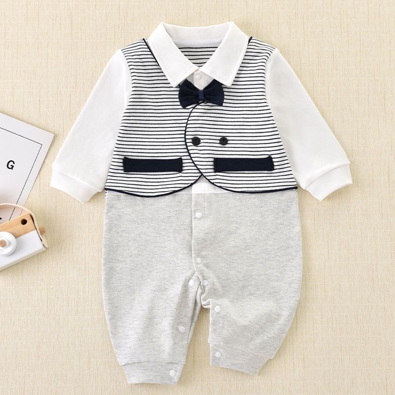 Long Sleeve Pseudo-Two-Piece Romper, Gentleman British Style Outing Clothes for Baby Boys
