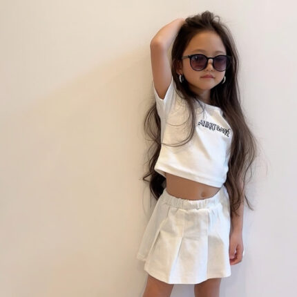 Kids Outfits for Girls, School Style Dress Set, Short Sleeve T-Shirt with Puffy Tennis Skirt - Image 3