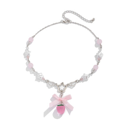 Sweet Wind Acrylic Strawberry Pendant Necklace, Small Fresh Pearl Imitation Ribbon Chain - Image 5