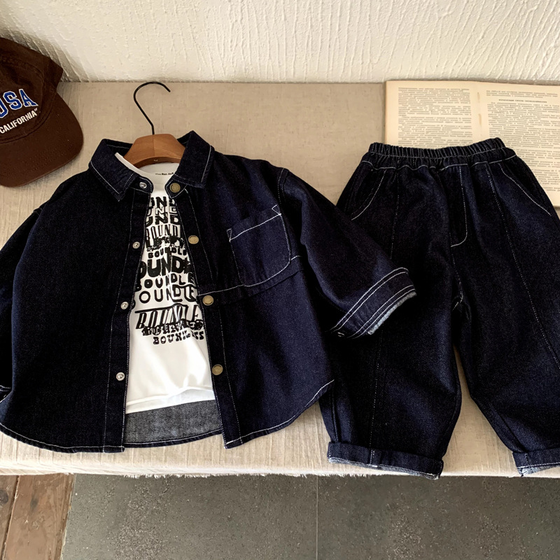 Long sleeved denim two-piece set for children's leisure