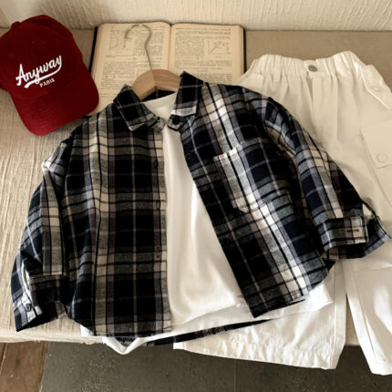 Children's clothing boys' long sleeved shirt checkered shirt - Image 1