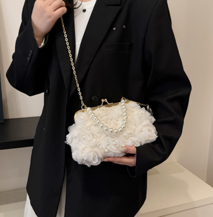 Net Lace Pleated Clutch Evening Handbag Korean Sweet Style Pearl Chain Crossbody Bag - Image 5