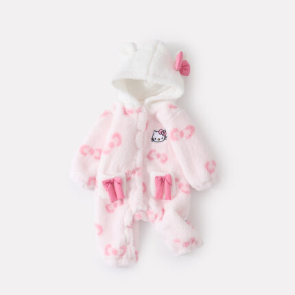 Printed Hooded Fleece Bodysuit for Baby Girls, Butterfly Print Warm Onesie - Image 3