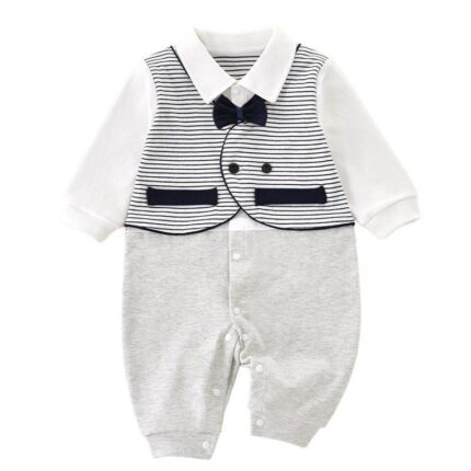 Long Sleeve Pseudo-Two-Piece Romper, Gentleman British Style Outing Clothes for Baby Boys - Image 1