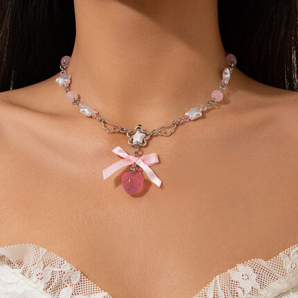 Sweet Wind Acrylic Strawberry Pendant Necklace, Small Fresh Pearl Imitation Ribbon Chain - Image 6