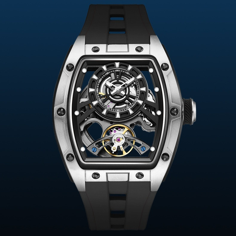 Mens Transparent Barrel-Shaped Fully Luminous Waterproof Mechanical Watch