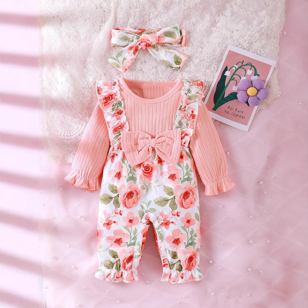 Solid-color Floral Print Long-leg Romper - Image 1