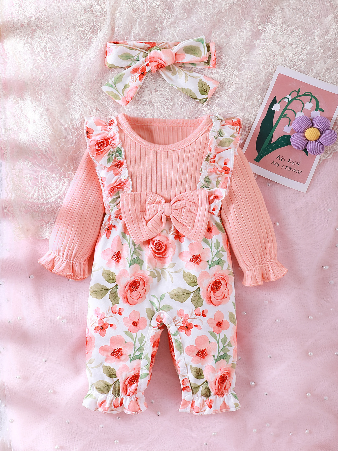 Solid-color Floral Print Long-leg Romper - Image 5