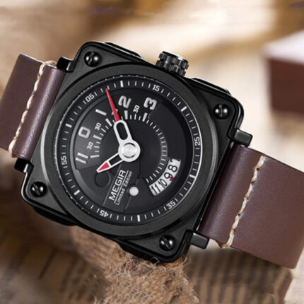 Men's Fashion Square Big Dial Watch Leather Calendar Sports Quartz Watch - Image 1
