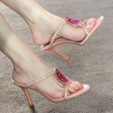 Sandals Women 2026 New Rhinestone Gem Slide Sandals Thin Strap High Heel One Strap Slides Luxury - Image 4